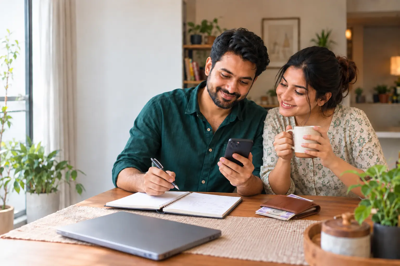 Two people reviewing household finances together with a phone and notebook.